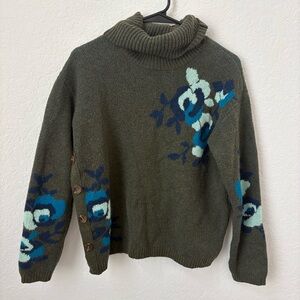 St John Bay, Olive Green Floral Turtleneck Sweater Size Medium